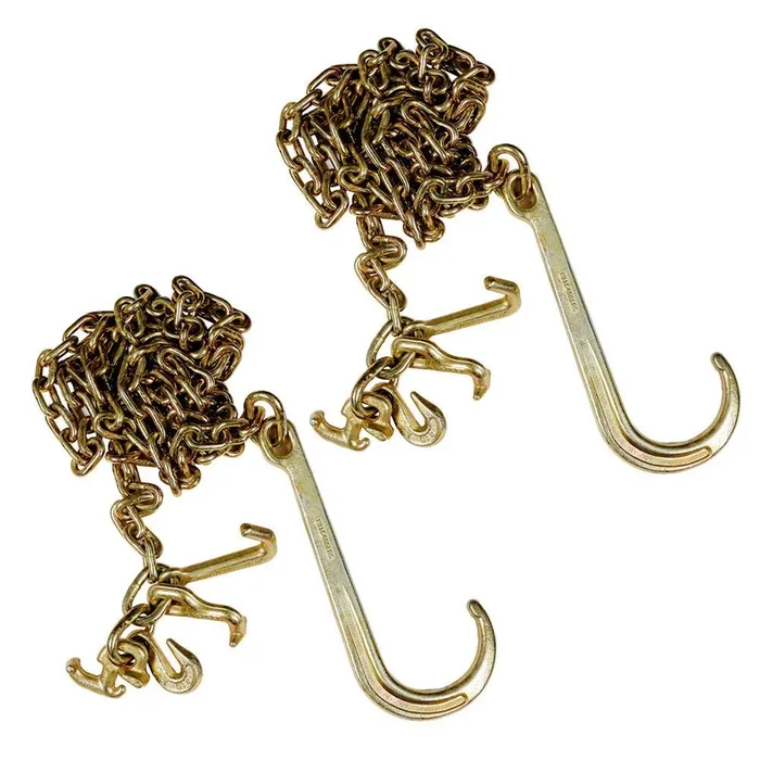 (2) G70 5/16”x10′ Transport Tow Chain J Hook Long Shank w/ R T J&Grab Hook