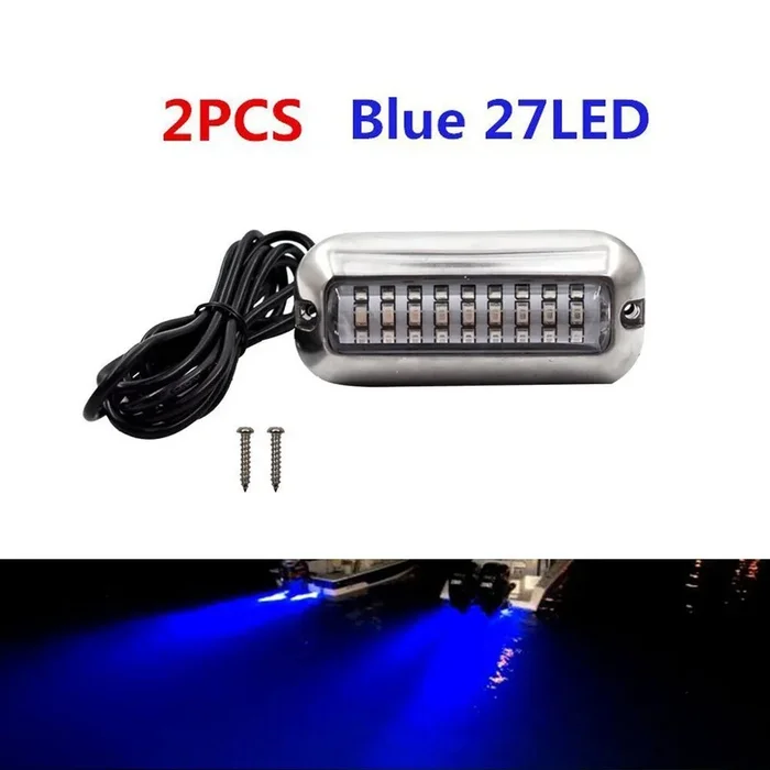 2 × 27 LED Marine Light Boat Lights Blue Stainless Steel Yacht Underwater Lamp