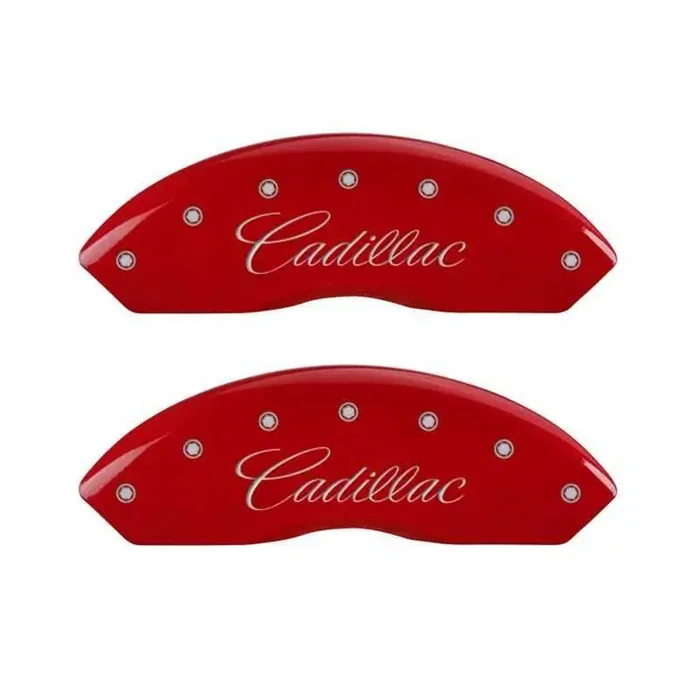 MGP 4 Caliper Covers Engraved Front & Rear Cursive/Cadillac Red finish silver ch