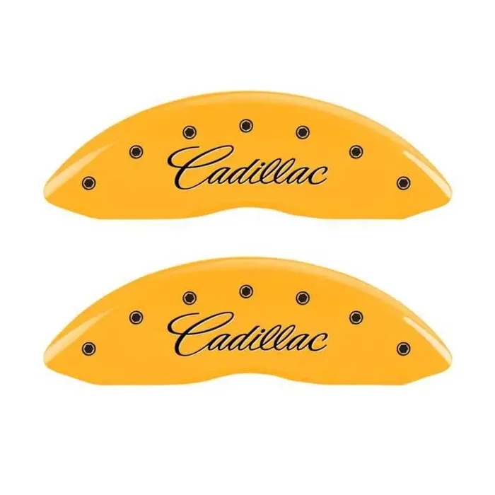 MGP 4 Caliper Covers Engraved Front & Rear Cursive/Cadillac Yellow finish black ch