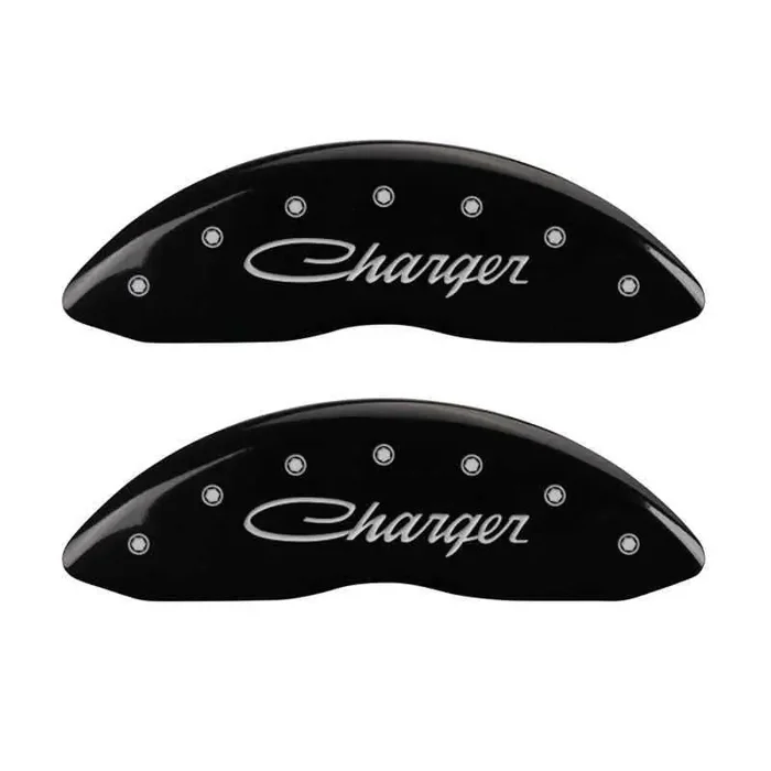 MGP 4 Caliper Covers Engraved Front & Rear Cursive/Charger Black finish silver ch