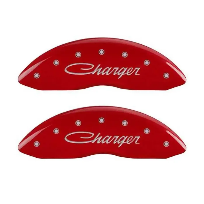 MGP 4 Caliper Covers Engraved Front & Rear Cursive/Charger Red finish silver ch