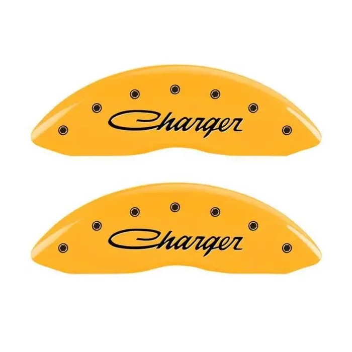 MGP 4 Caliper Covers Engraved Front & Rear Cursive/Charger Yellow finish black ch