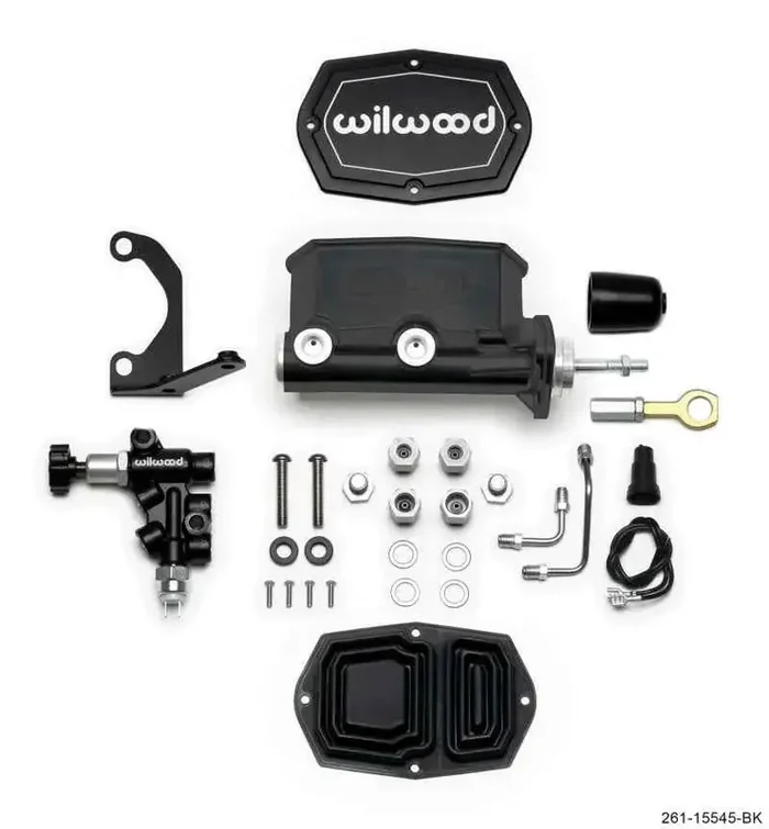 Wilwood Compact Tandem M/C – 1.12in Bore w/Bracket and Valve fits Mustang (Pushrod) – Black
